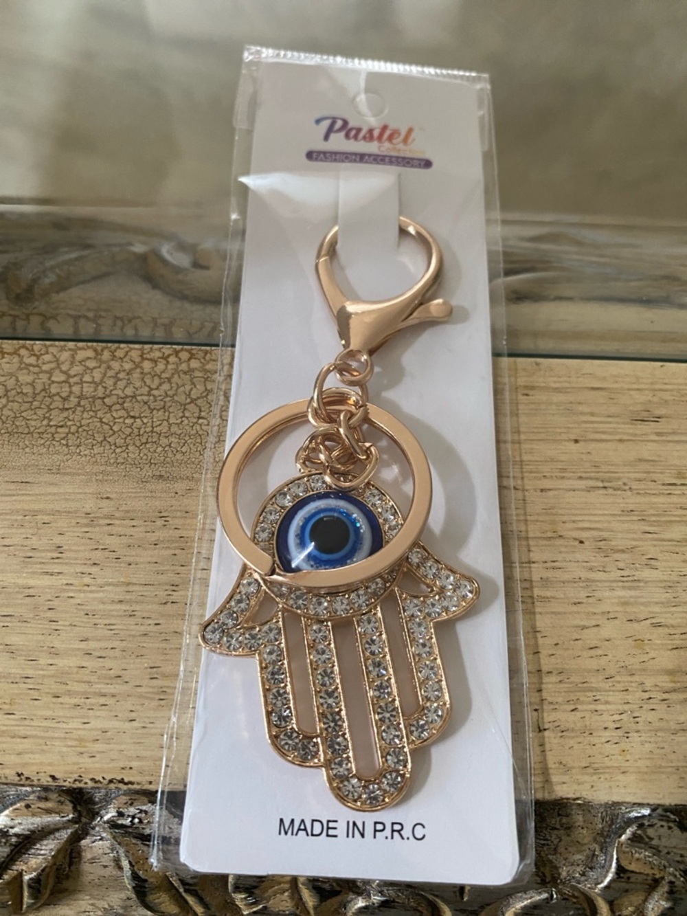 Pastels Gold Hamsa Keychain with Blue Evil Eye